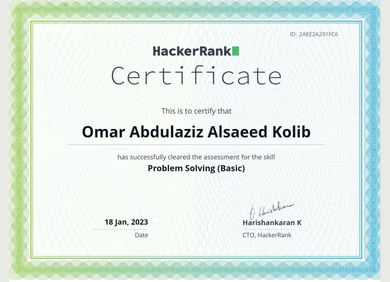 Problem Solving (Basic) certificate issued to Omar Kolib