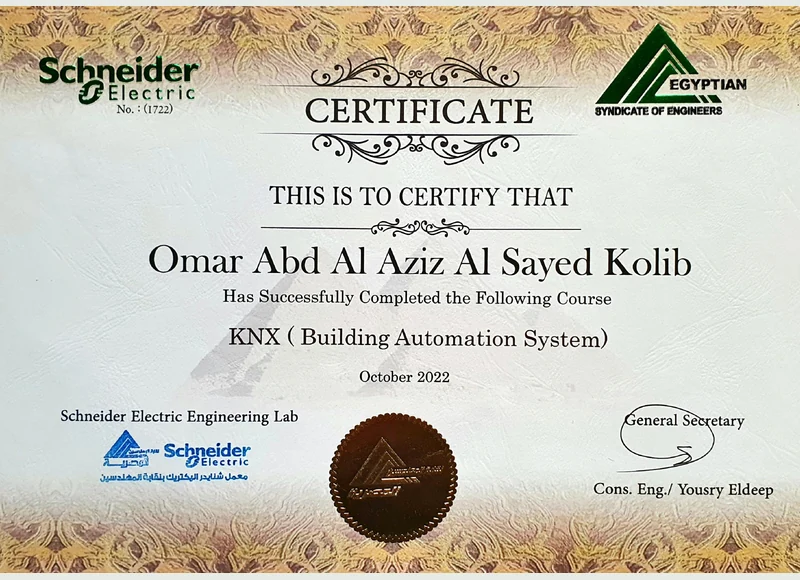 KNX Building Automation System certificate issued to Omar Kolib