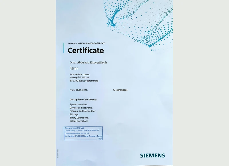 S7-1200 Basic Programming certificate issued to Omar Kolib